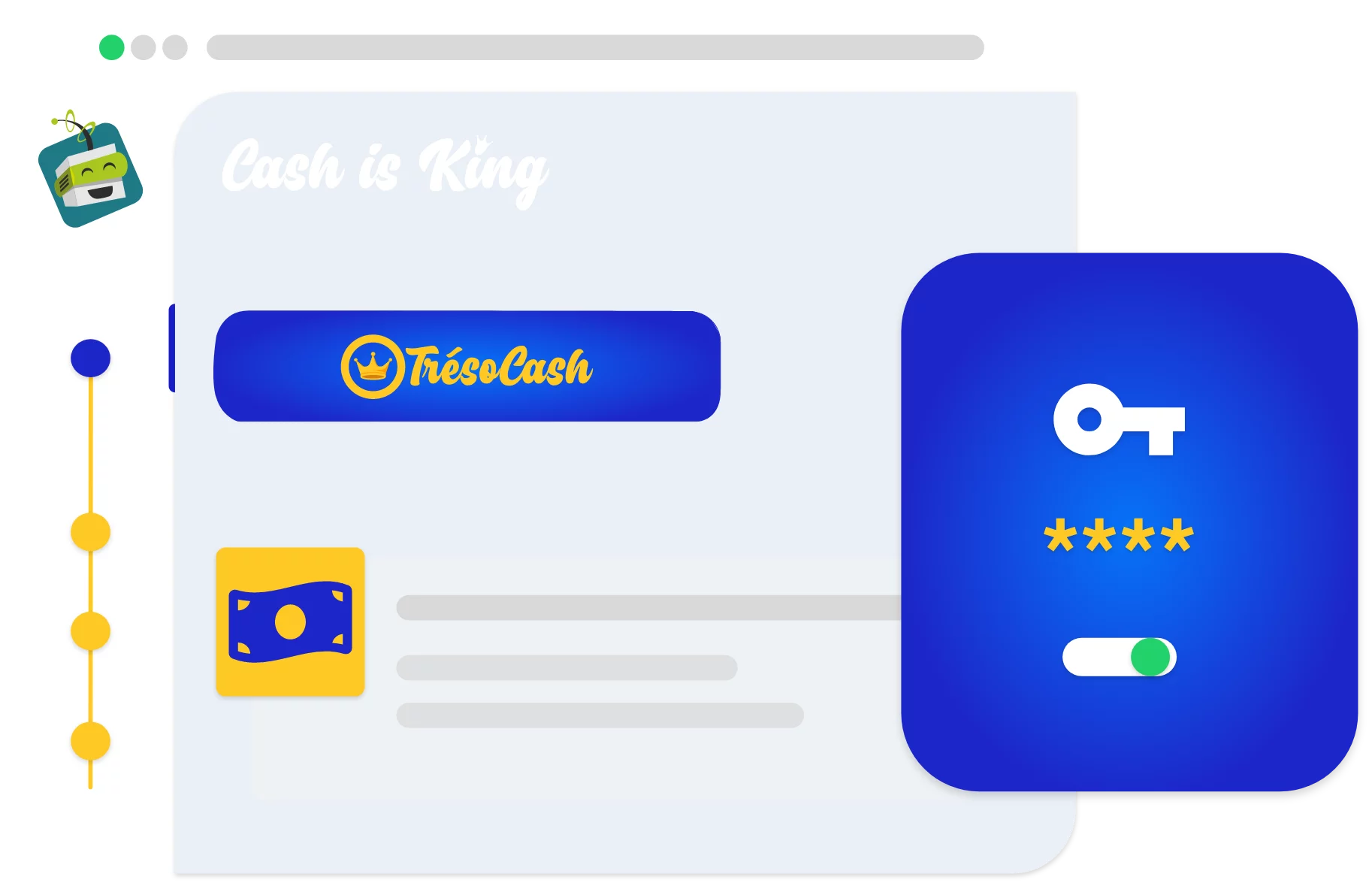 Interface-tresocash-gestion-tresorerie Interface de l’outil TrésoCash avec un bouton de connexion sécurisé et une icône de trésorerie.