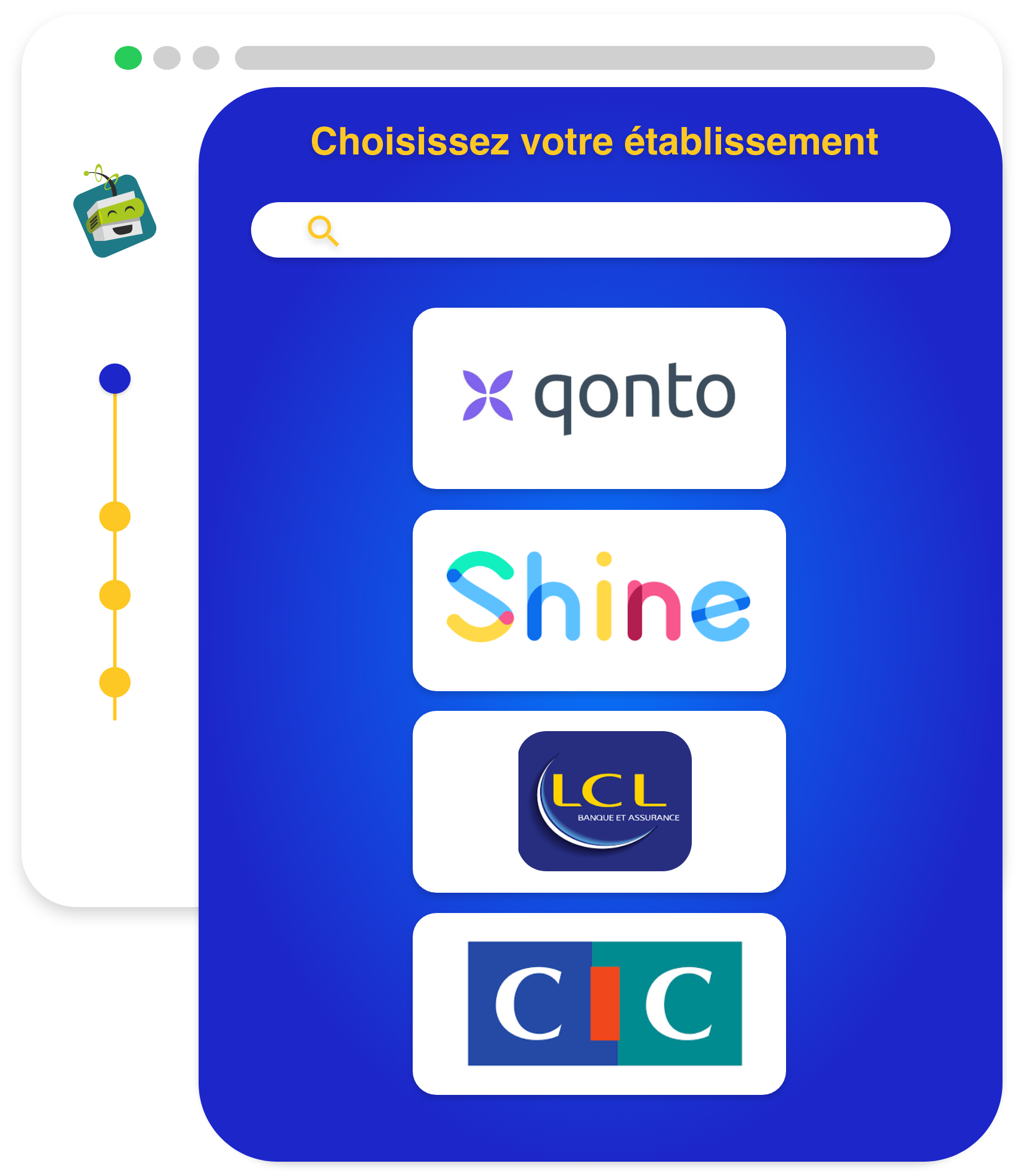 connexion-banque-tresocash-qonto-shine-lcl-cic Interface de connexion bancaire avec TrésoCash, montrant les établissements Qonto, Shine, LCL et CIC