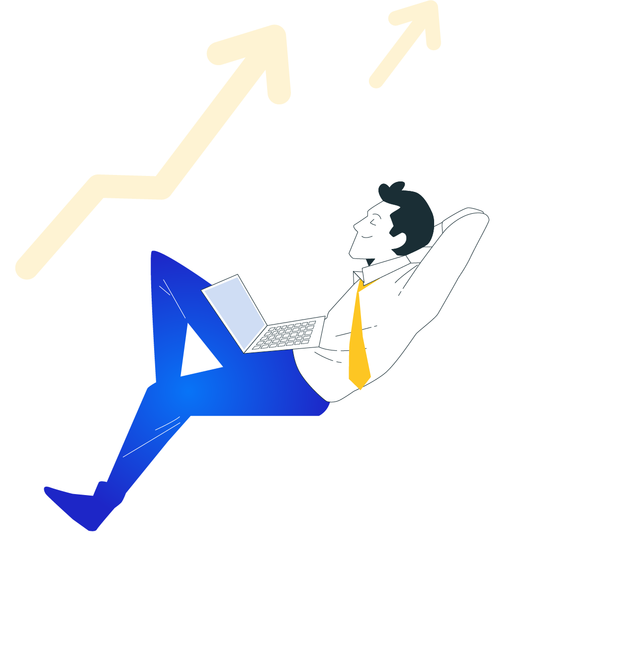 Croissance business illustration Homme d'affaires détendu avec ordinateur portable, assis sur une flèche ascendante représentant la croissance.