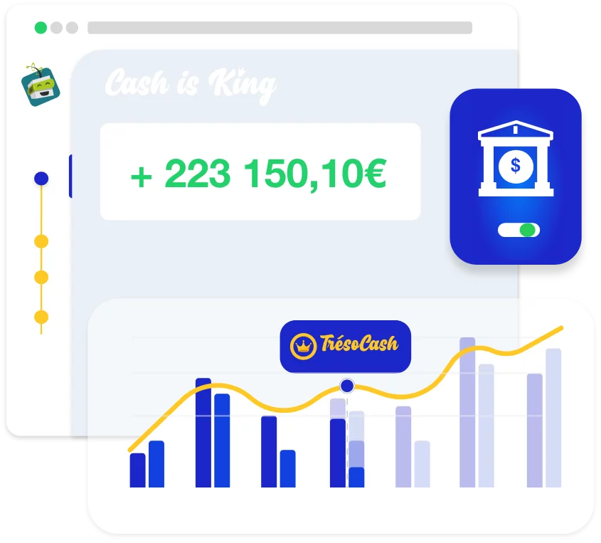 tresocash-solde-bancaire-graphique-evolution Tableau de bord TrésoCash affichant un solde bancaire positif de 223 150,10€ avec un graphique d'évolution des flux financiers.